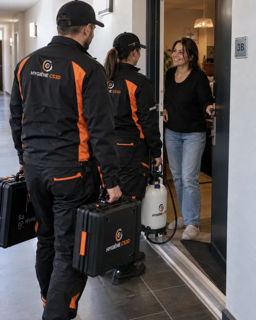 Équipe Hygiène CS3D arrivant au domicile d'un client pour un traitement nuisibles en Île-de-France