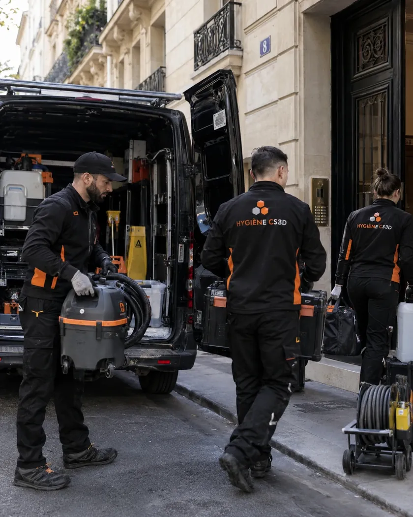 Équipe Hygiène CS3D déchargeant son matériel devant un immeuble haussmannien à Paris