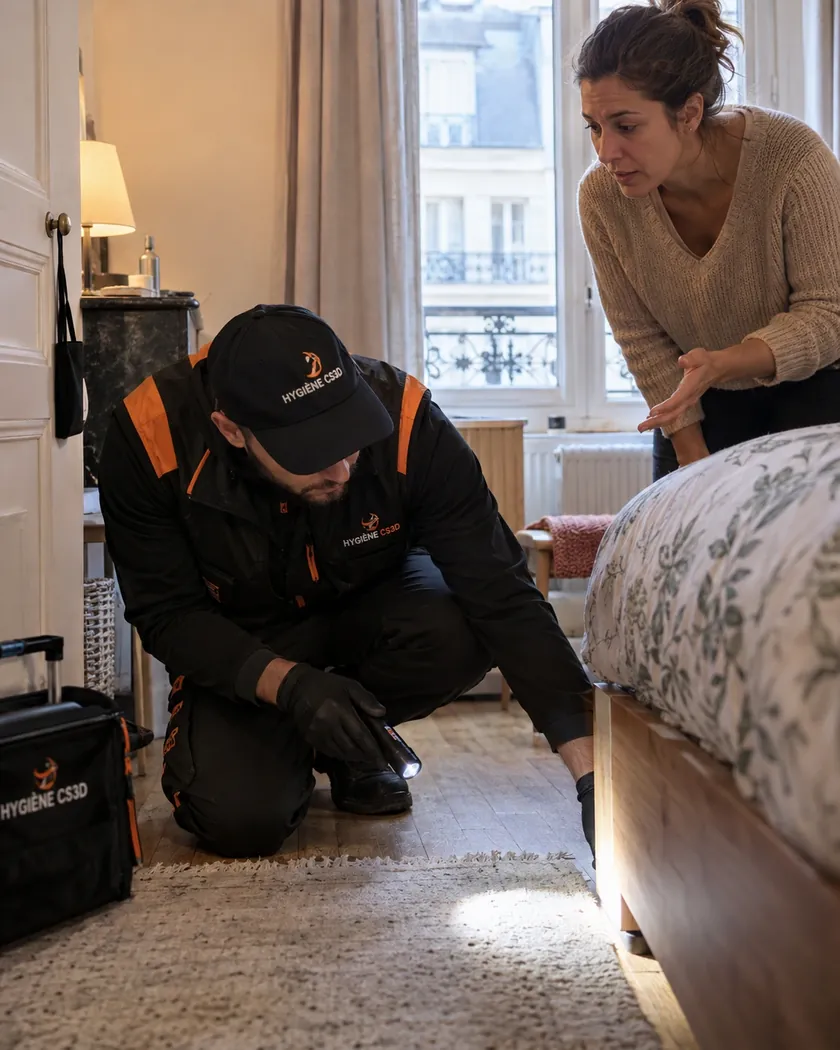 Technicien Hygiène CS3D inspectant un matelas lors d'un traitement punaises de lit à Paris