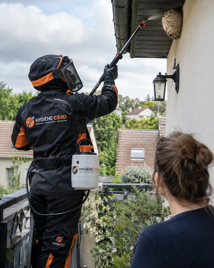 Technicien équipé retirant un nid de guêpes sous une toiture en Île-de-France