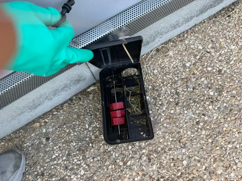 Poste de dératisation ouvert contre une façade extérieure, près d'une grille métallique